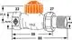 Thermostatventilunterteil mit orangefarbenem Kopf und Gewinde, dargestellt mit Maßlinien. Produkt von IMI Hydronic Engineering, geeignet für Heizsysteme.